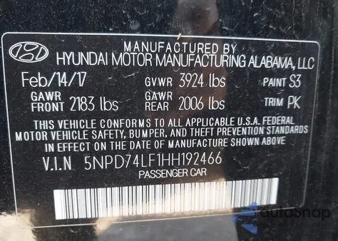 2017 Hyundai Elantra Se from USA, damaged, VIN 5NPD74LF1HH192466